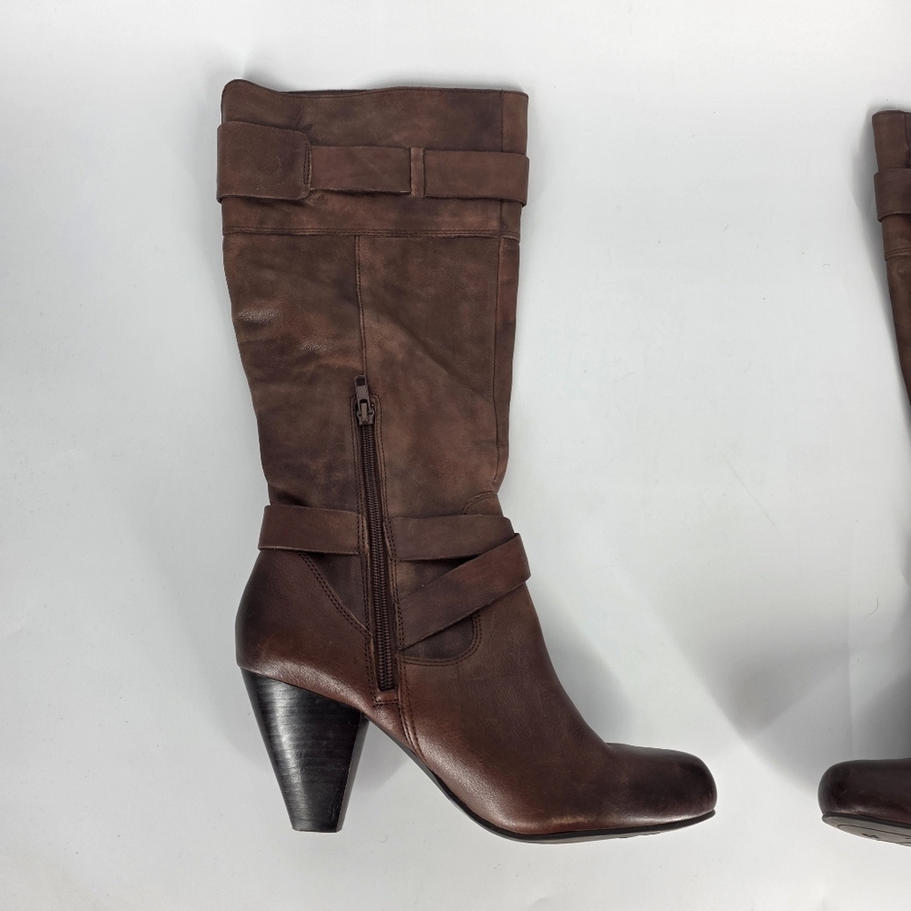 Arturo Chiang Leather Knee High Boots 8.5M Brown Block Heel Buckle Straps - Picture 2 of 9